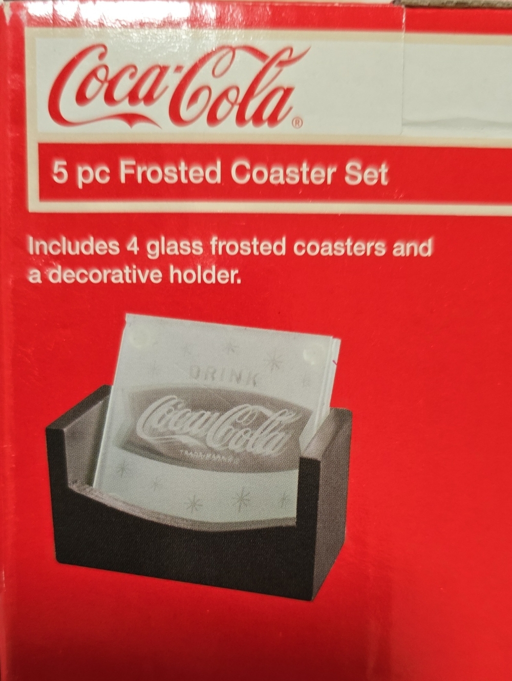 Coca-Cola Frosted Glass Coaster & Holder Set (NWT)